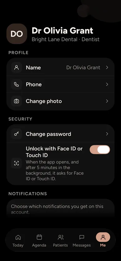 Profile screen of the Agendessa app in the night theme, with Face ID unlock switched on