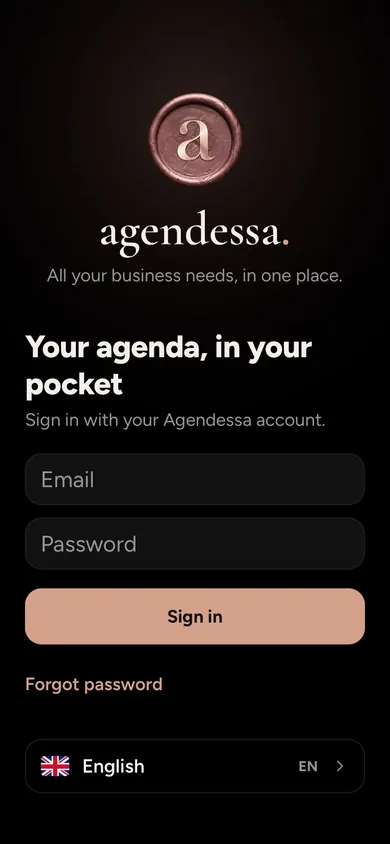 Sign in screen of the Agendessa app in the night theme