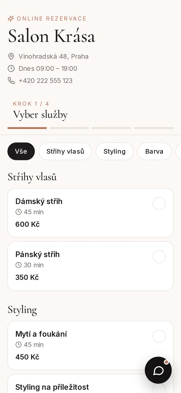 Stránka pro online rezervaci podniku na telefonu