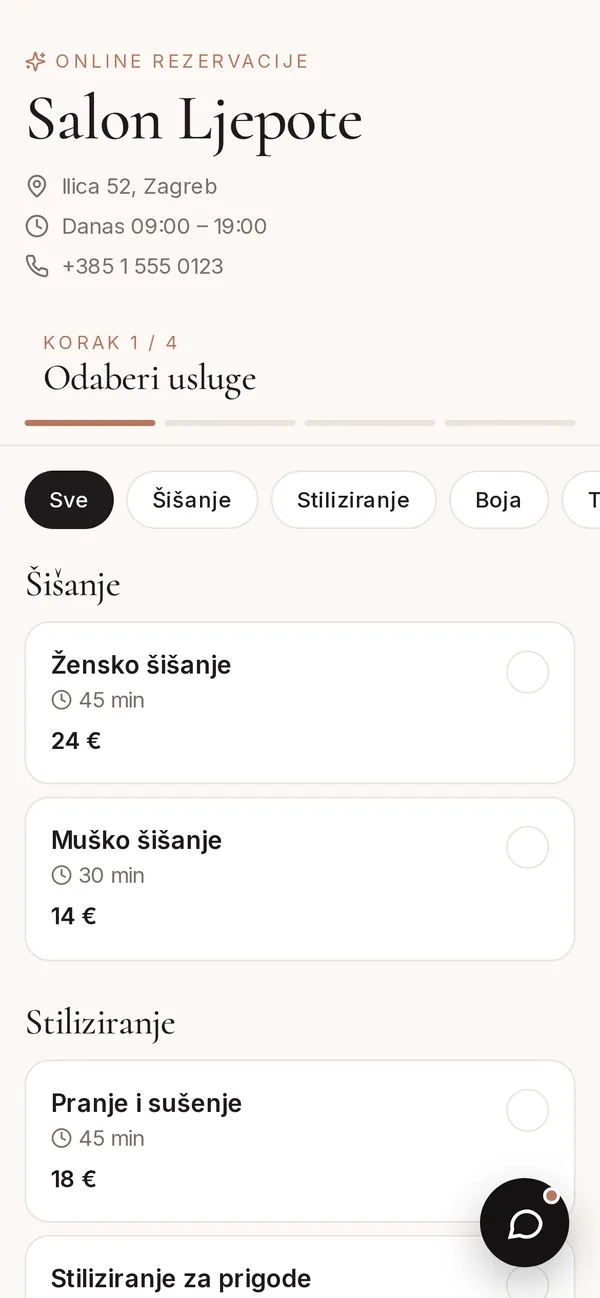 Online stranica za rezervacije poslovanja na telefonu