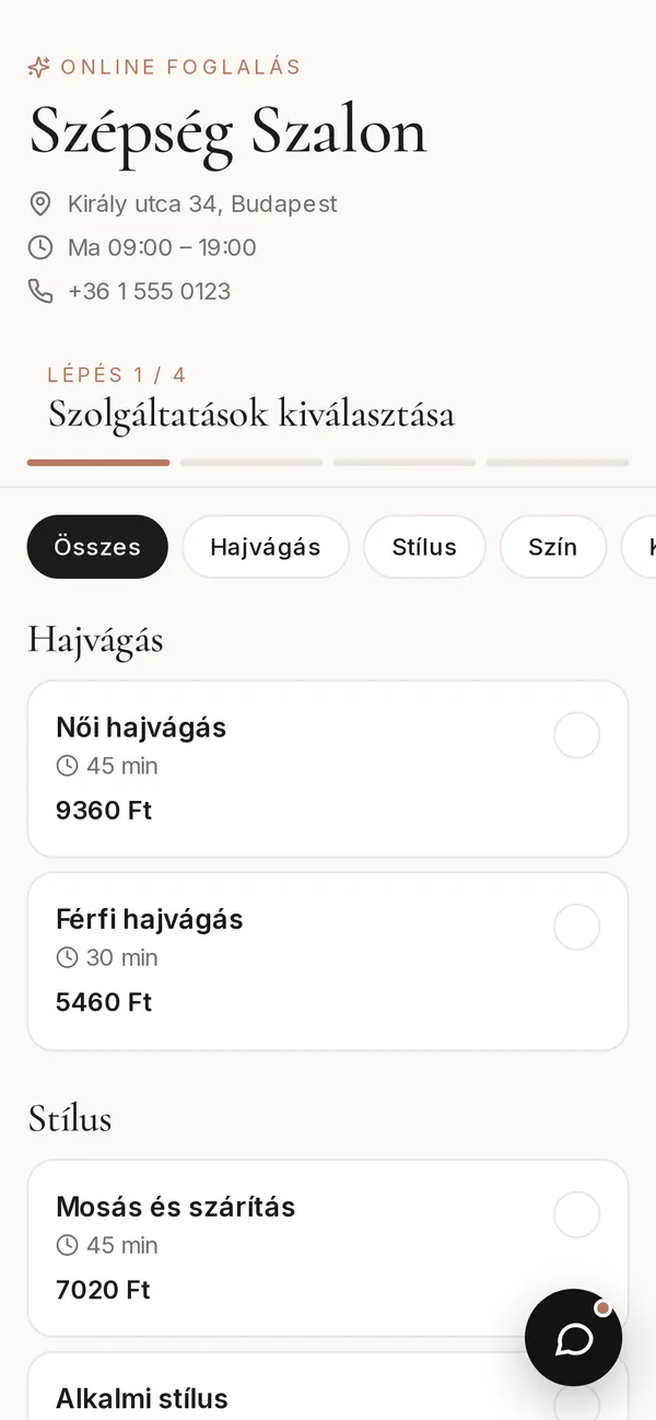 Az üzlet online foglalási oldala telefonon