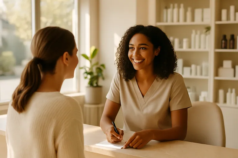 Recepção de clínica de estética com funcionária recebendo cliente com sorriso e luz natural.