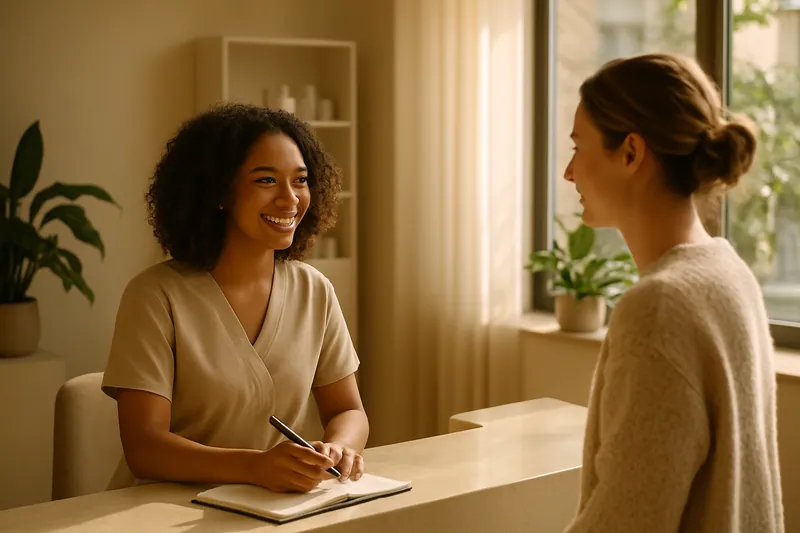 Recepcionista sorridente cumprimenta cliente em clínica de estética iluminada pelo sol.