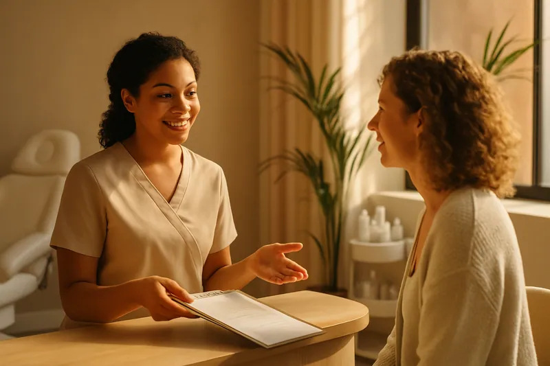 Recepção de uma clínica de beleza com uma funcionária recebendo um cliente em um ambiente iluminado.