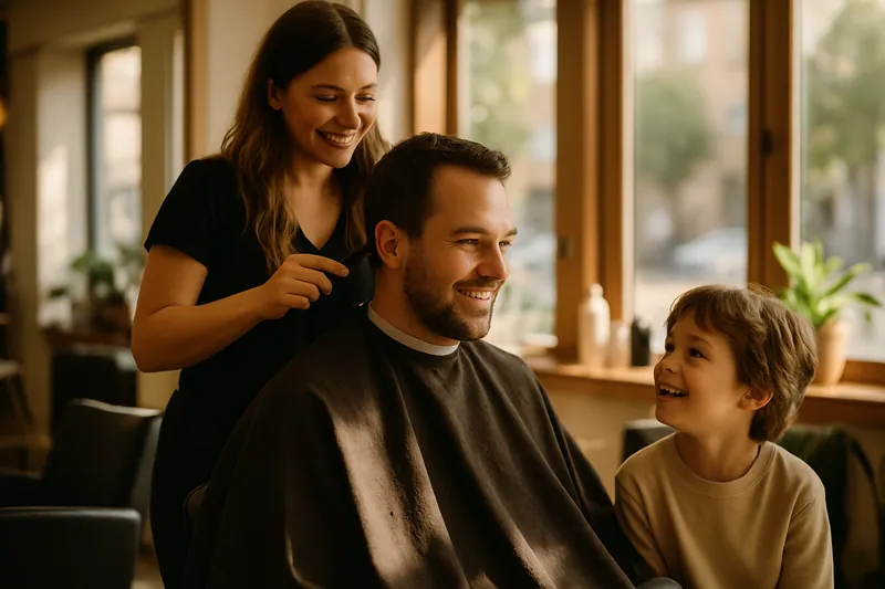 Pai recebe corte de cabelo em um salão, enquanto seu filho observa feliz ao lado.