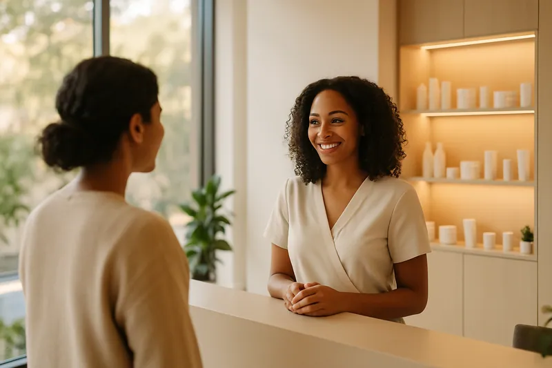 En venlig receptionist byder en klient velkommen i en moderne skønhedsklinik med naturligt lys.