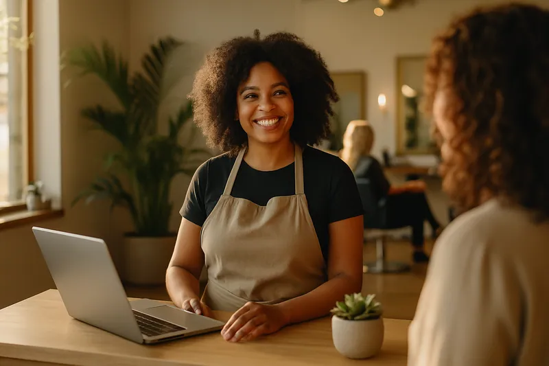 En frisørsalon ejer byder en klient velkommen ved receptionen med et varmt smil og naturligt lys i rummet.