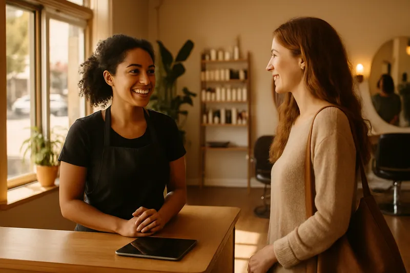 Frisørsalon med stylist, der byder en kunde velkommen ved receptionen i naturligt lys.