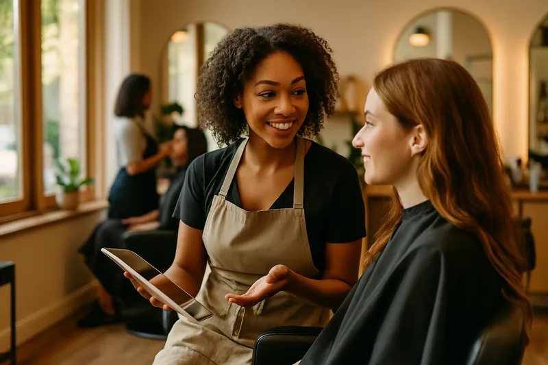Ein Friseursalon, in dem ein Stylist mit einer Kundin über personalisierte Haarbehandlungen spricht.