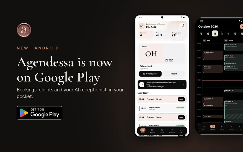 Two phones showing the Agendessa app on the Today screen and the team calendar, next to the Google Play badge.