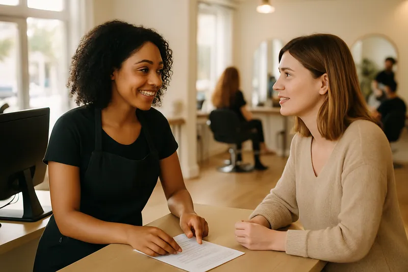 A stylist and client at a hair salon discussing appointments at the reception desk.