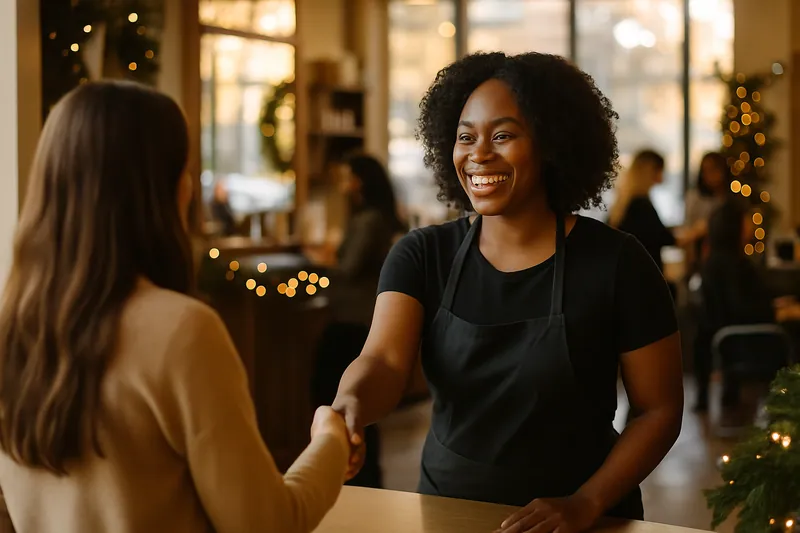 A hair stylist greets a client at reception in a festive salon with holiday decor.