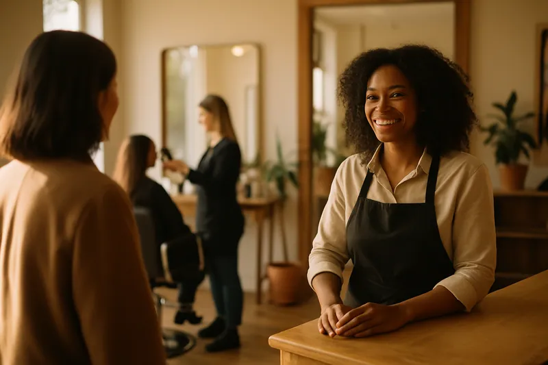 Hair salon owner greets a client at the reception in a bright, welcoming environment.