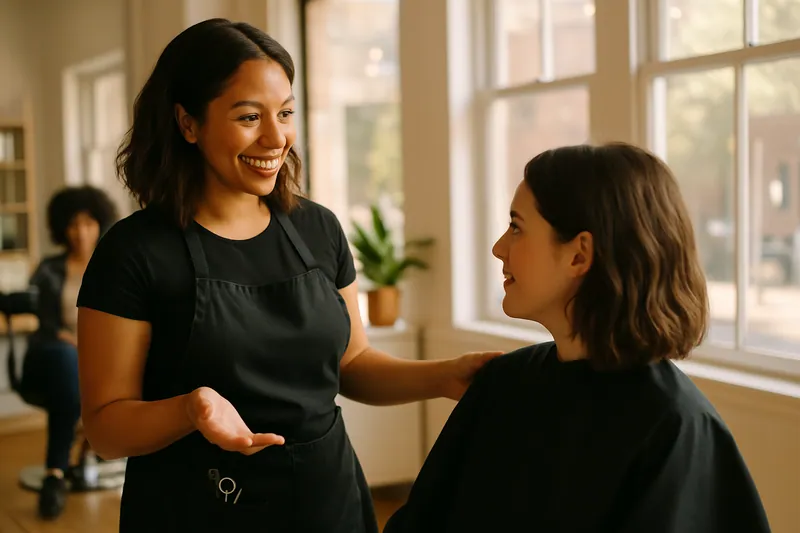 A stylist discussing haircut options with a client in a sunny hair salon.