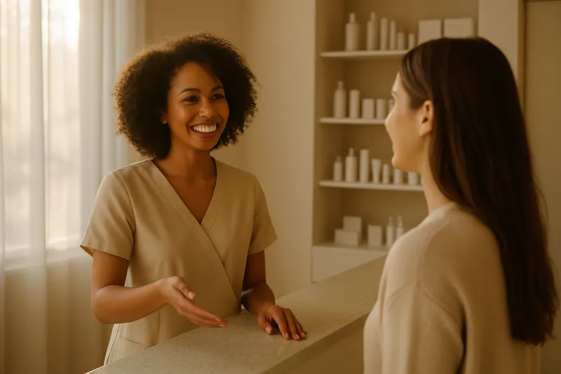Recepcionista sonriente da la bienvenida a una nueva clienta en una clínica de belleza.