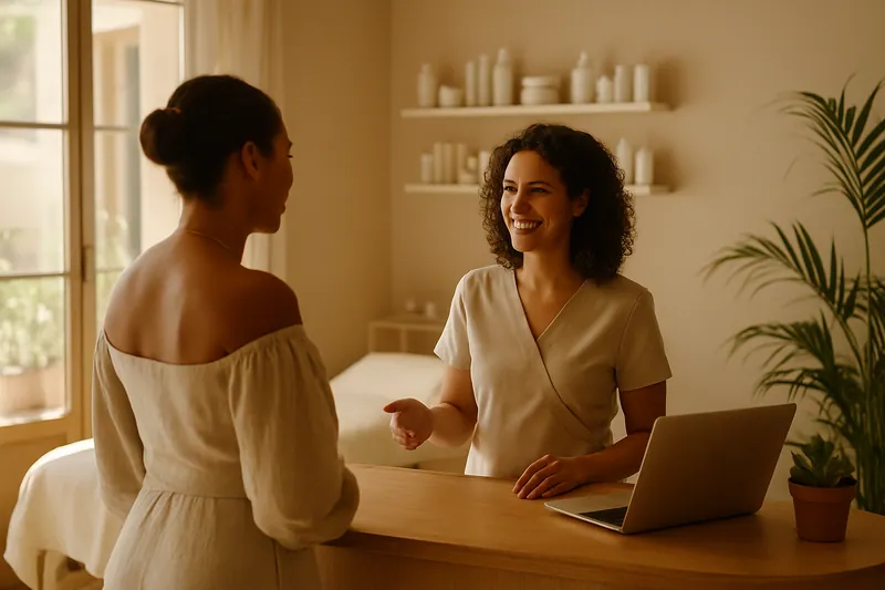 Recepción en una clínica de belleza en España, personal amable atendiendo a un cliente.