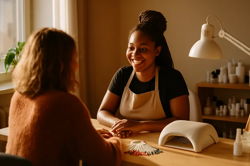 Nail technician welcoming a client at a cozy nail studio in Estonia, sunlight streaming in.
