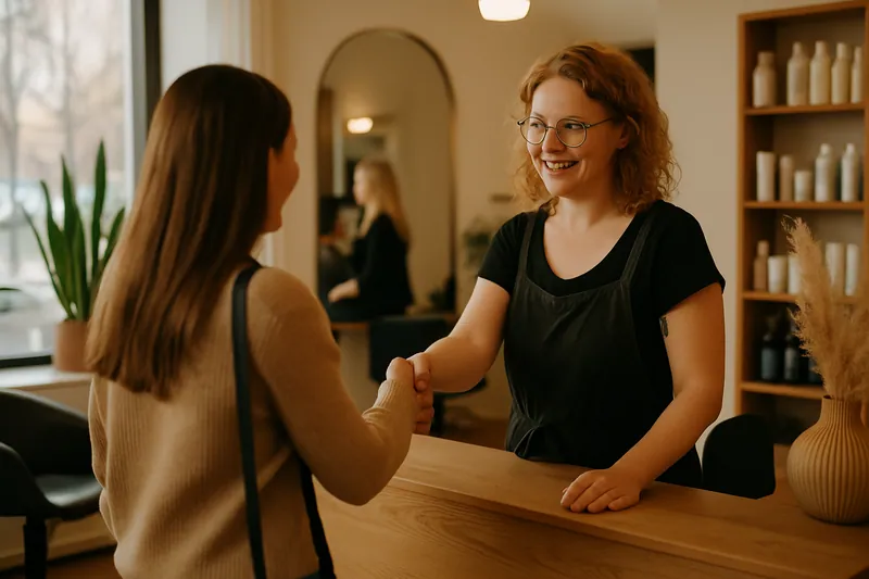 Asiakas tervehditään ystävällisesti hiussalongin vastaanotossa luonnonvalossa.