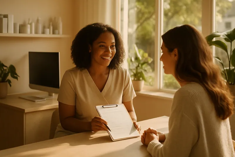 Propriétaire de clinique de beauté discutant des prix avec une cliente à l'accueil, ambiance chaleureuse.