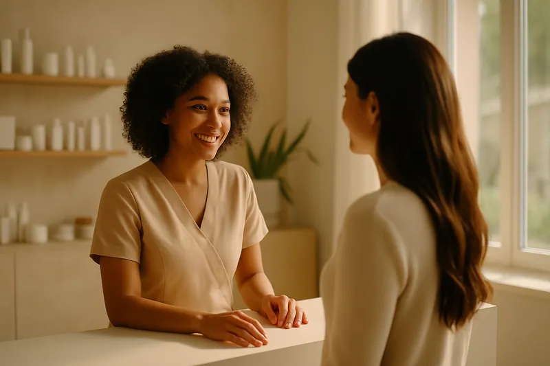 Une réceptionniste souriante accueille une cliente dans une clinique de beauté, lumière naturelle ambiante.