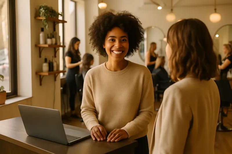 Une réceptionniste souriante accueille un client dans un salon de coiffure lumineux et convivial.