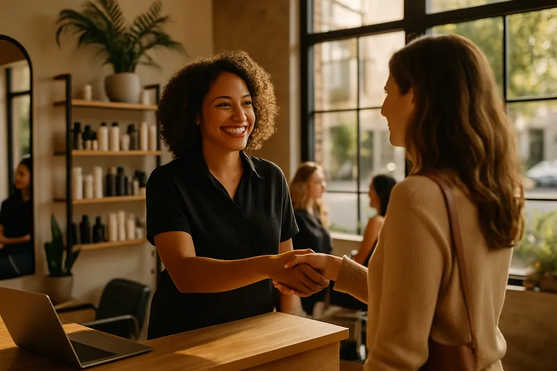 Egy hajszalon tulajdonosa fogad egy ügyfelet a recepcióján, barátságos légkörben.