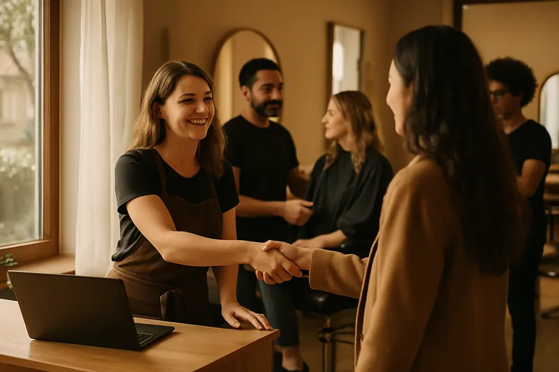 Barber shopban a stylist barátságosan fogadja az új vendéget a recepciónál.