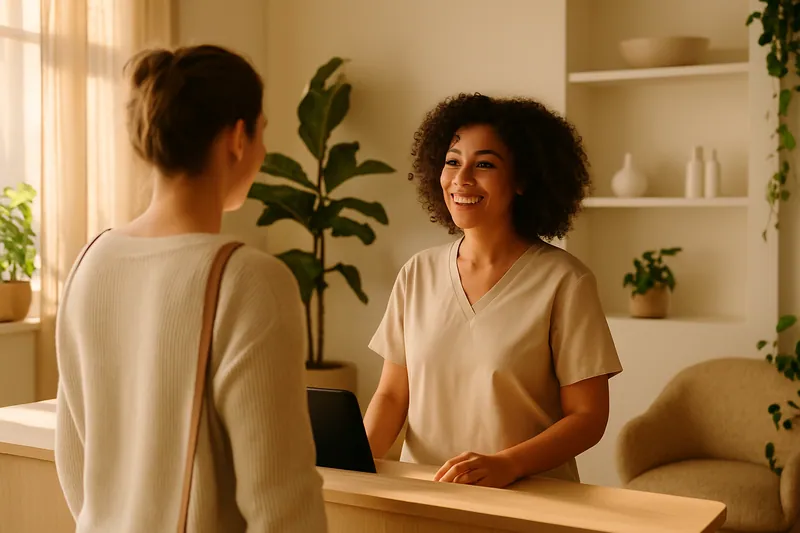 Una receptionist accogliente al centro estetico accoglie un nuovo cliente con un sorriso.