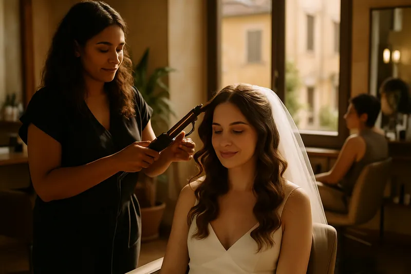 Un parrucchiere italiano mentre acconcia i capelli di una sposa in un salone luminoso.