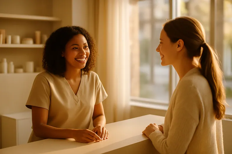Receptionist accoglie un cliente in una clinica di bellezza con luce naturale che entra dalle finestre.