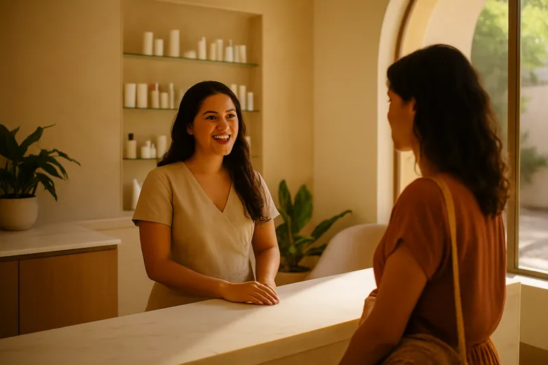 Recepción de una clínica de belleza en México, con una recepcionista sonriendo a un cliente.