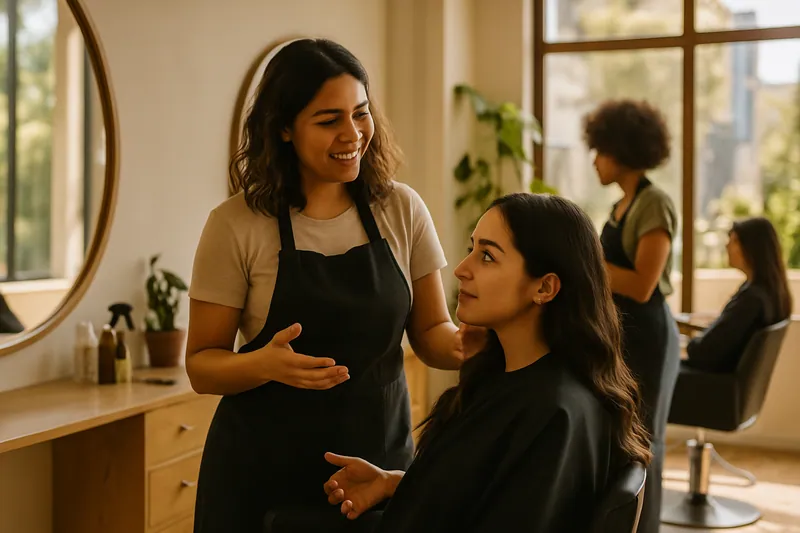 Un estilista en un salón de belleza en CDMX consulta a una clienta sobre su nuevo peinado.