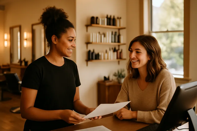 Estilista hablando con un cliente sonriente en la recepción de un salón de belleza iluminado por la luz natural.