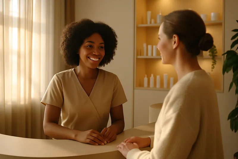 Recepcionista sonriente en clínica de belleza da la bienvenida a una clienta en un ambiente iluminado.