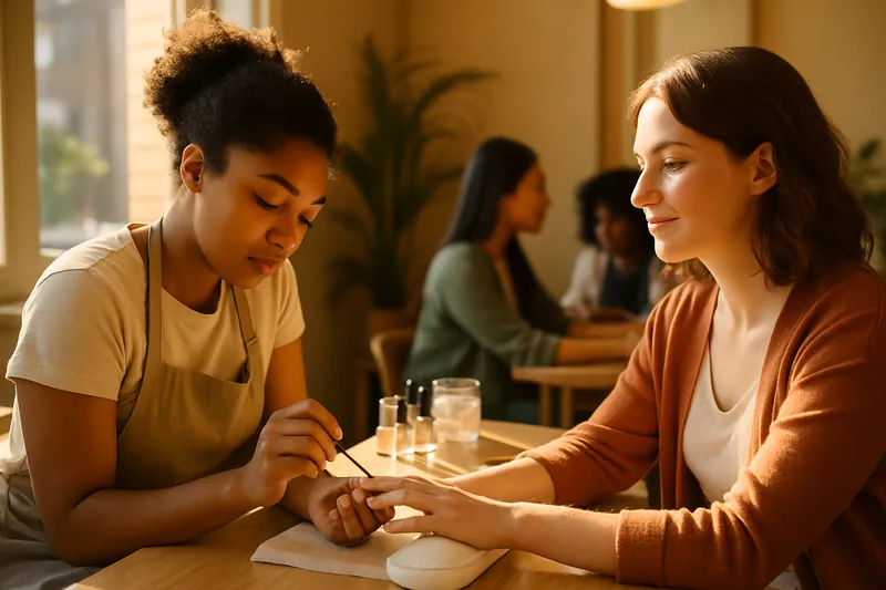 Nail studio, technikas piešia kliento nagus, šviesa teka per langus, jauki atmosfera.