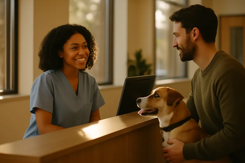 Veterinārās klīnikas recepcija, kur pieņem pet īpašnieku ar suni.