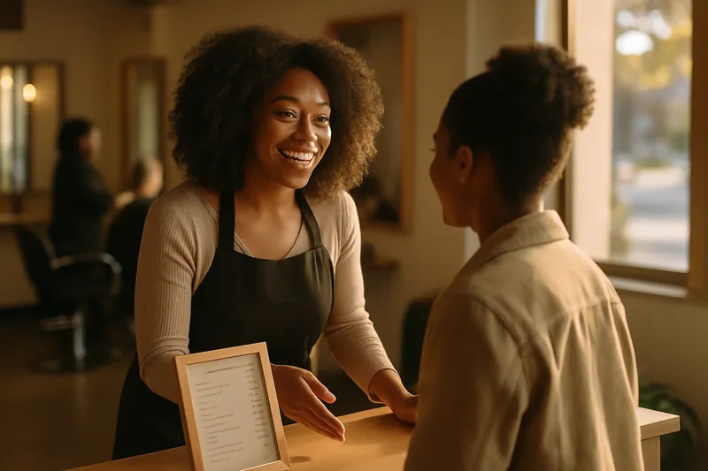 En frisørsalongseier ønsker en kunde velkommen ved resepsjonen med tydelig prising.