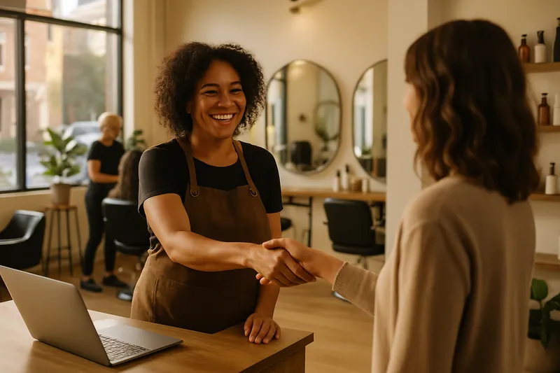 Een haar salon eigenaar verwelkomt een klant aan de receptie met natuurlijk licht en een warme sfeer.