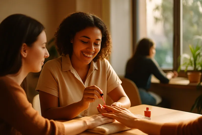 Técnica de unhas aplicando esmalte em uma cliente em um estúdio de unhas, com luz natural entrando pela janela.