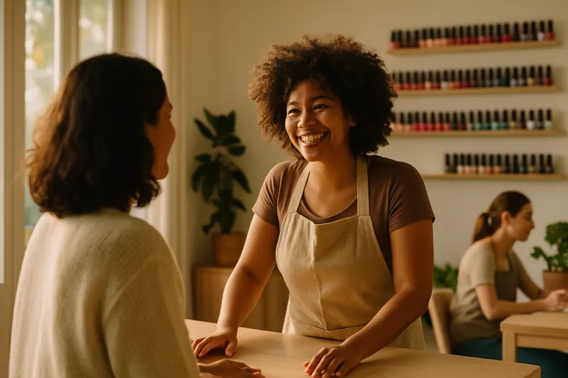 Recepção de estúdio de unhas, técnica sorridente recebe cliente em luz natural.