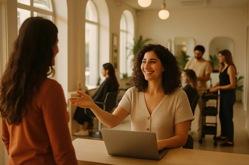 Recepcionista acolhedora recebe cliente em um salão de cabeleireiro em Portugal.
