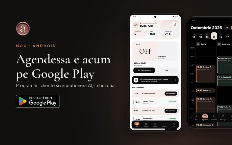 Două telefoane cu aplicația Agendessa deschisă pe ecranul Azi și pe agenda echipei, lângă insigna Google Play.