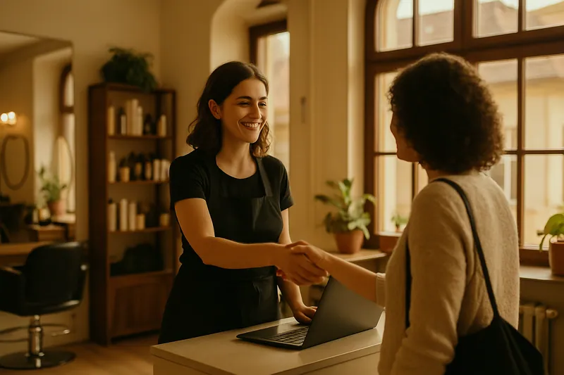 Stilist primind un client la recepția unui salon de coafură din România, cu lumină naturală.