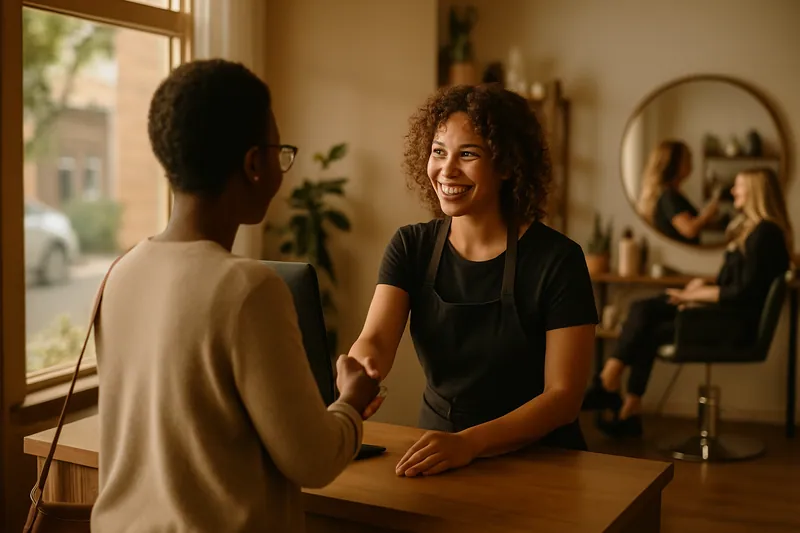 Un stilist primeste un client la receptie intr-un salon de coafura dintr-un oras mic.