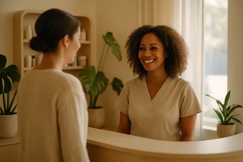 En receptionist på en skönhetsklinik välkomnar en klient i ett ljust och inbjudande receptionområde.
