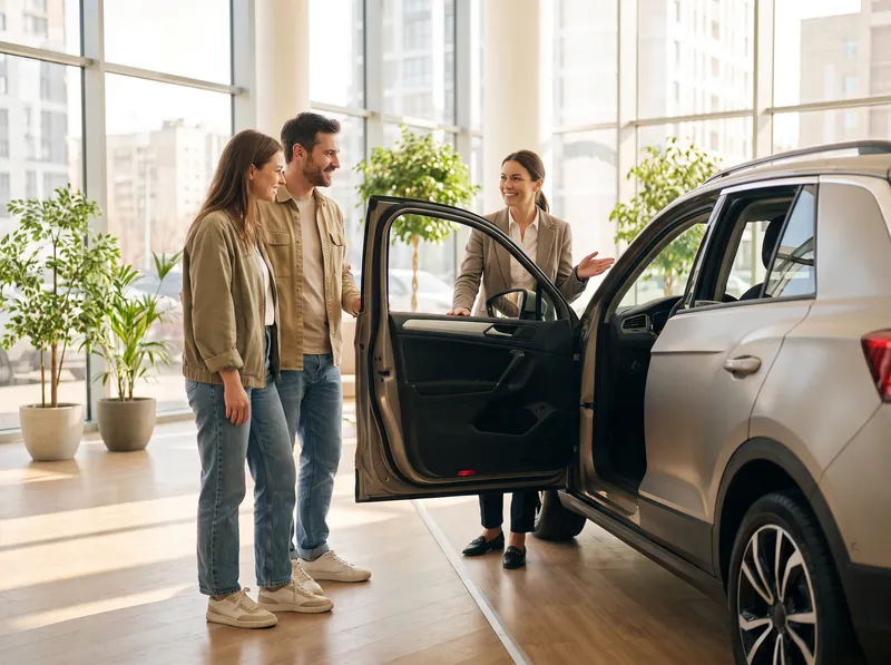 Salgskonsulent viser en ny bil til et par i et lyst bilforhandlershowroom