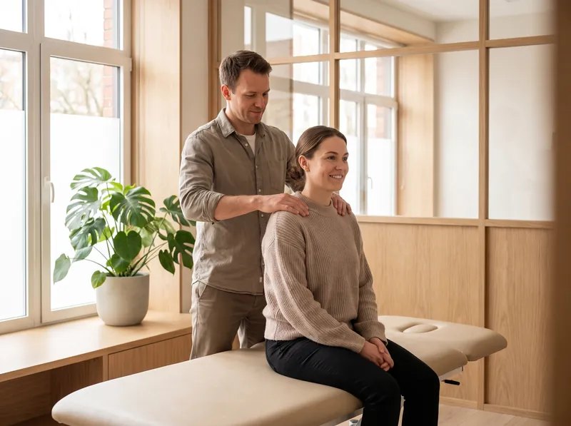 Chiropractor checking the posture of a woman sitting on a treatment table in a bright, calm chiropractic clinic