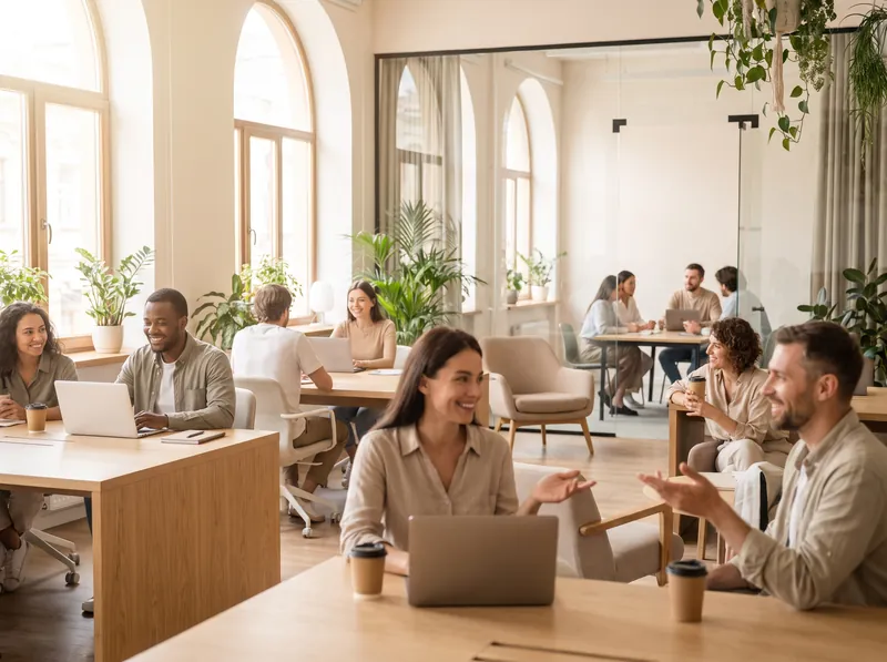 Lidé pracující u dřevěných stolů v jasném coworkingovém prostoru, s prosklenou zasedací místností za nimi
