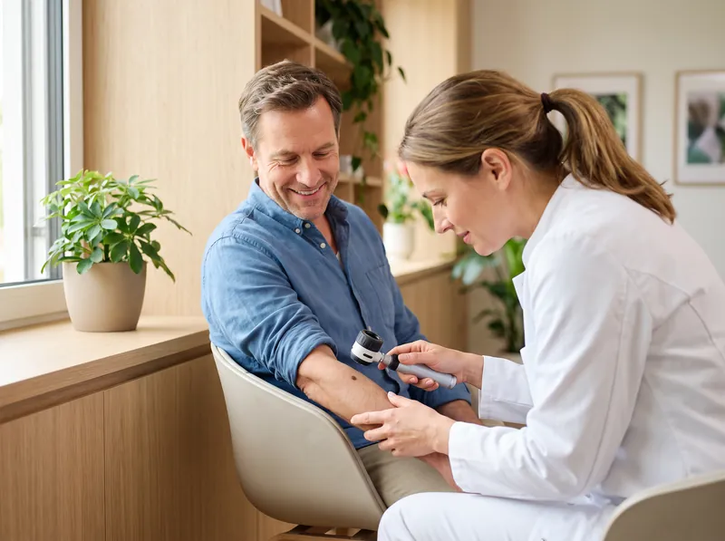 Dermatologist checking a mole on a patient's forearm with a handheld dermatoscope in a bright clinic room