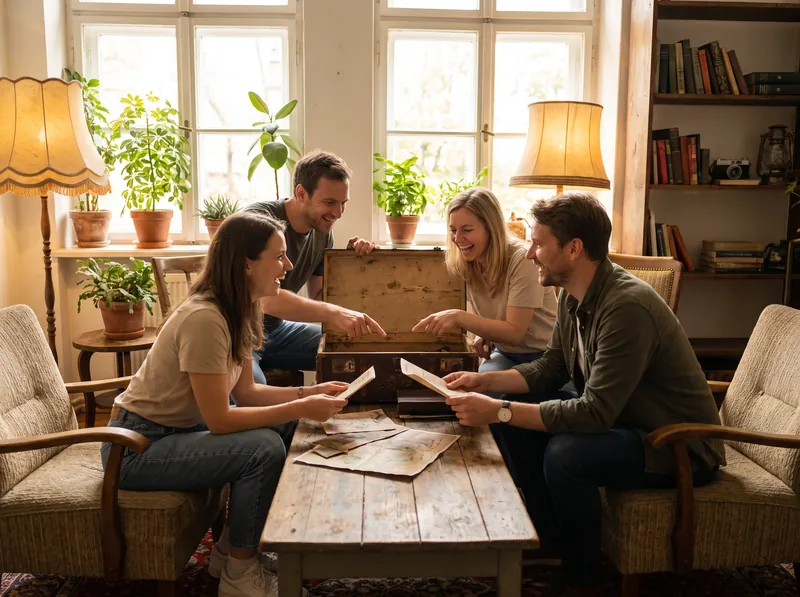 Gruppe von Freunden, die gemeinsam in einem Escape Room mit Vintage-Möbeln und warmem Licht nach Hinweisen sucht